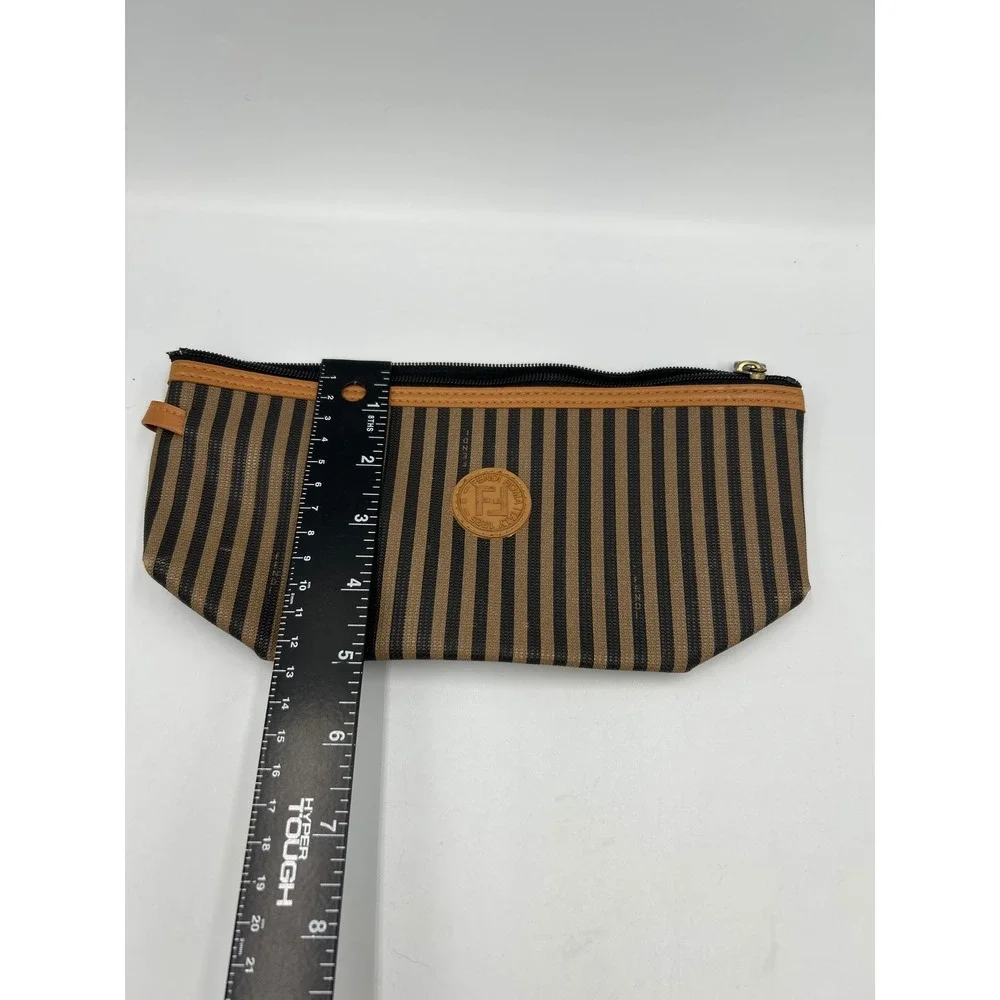 Fendi Pequin Striped Canvas Leather Cosmetic Pouch Bag Brown Black Vintage Italy